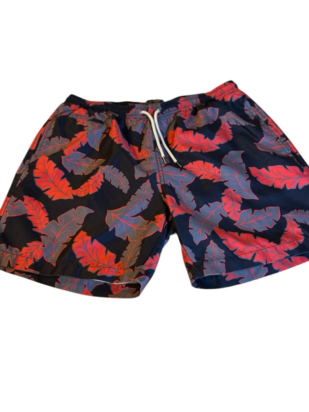 Bloomingdale's Men's Shop Black Swim Trunks with Red Leaf Print